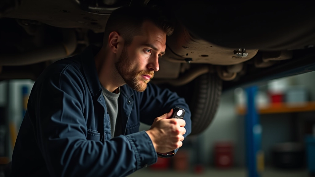 Garažo darbuotojas apžiūri automobilio šasį iš apačios su specialia lempa